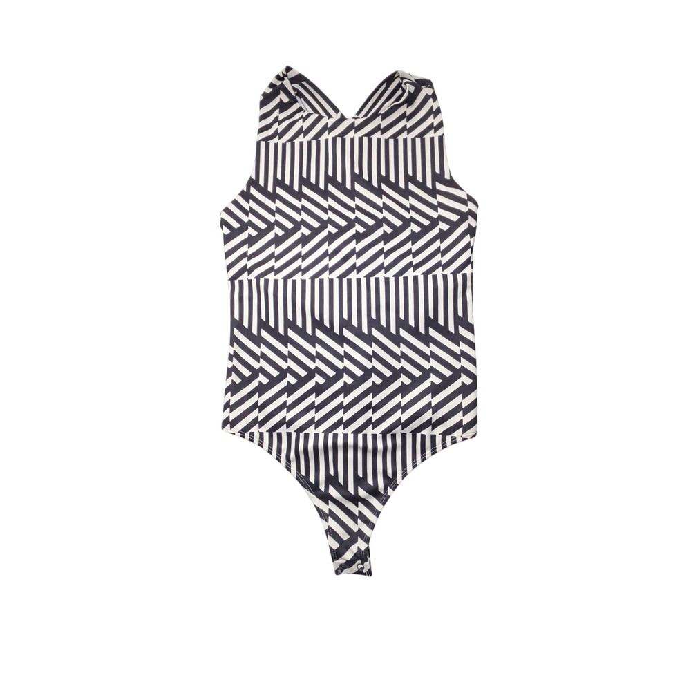 Express Body Contour Bodysuit Small Black White Geometric Strappy Back Thong
